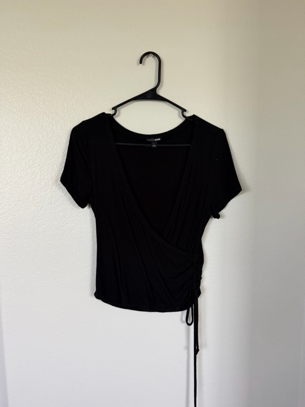 Black Wrap-Style Short Sleeve Top